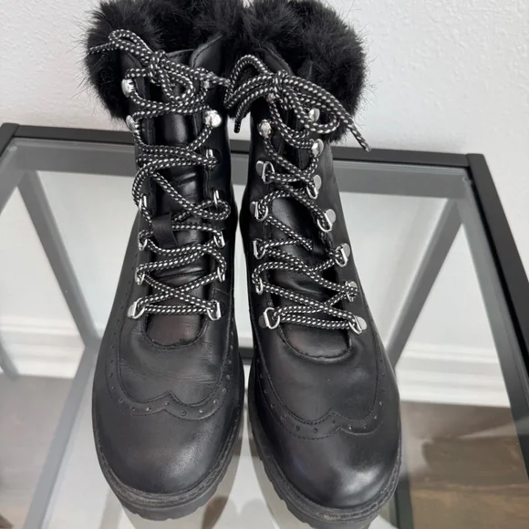CHARLES DAVID Leather Black Combat Boots Faux Fur Trim Size 8 - Picture 3 of 14